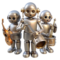 wonderful rustic A group of robots playing musical instruments, polished metallic surfaces, stage lighting, art deco style detailed png