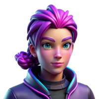serene rustic Portrait of a gender neutral person with vibrant purple hair styled in intricate braids, neon pink and blue rim lighting, cyberpunk style detailed png