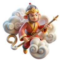 wonderful classic Sun Wukong, the Monkey King, wielding his staff, surrounded by swirling clouds, Chinese painting style, vibrant colors, high resolution png