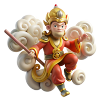 wonderful creative Sun Wukong, the Monkey King, wielding his staff, surrounded by swirling clouds, Chinese painting style, vibrant colors, high resolution png