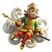 magnificent vintage Sun Wukong, the Monkey King, wielding his staff, surrounded by swirling clouds, Chinese painting style, vibrant colors, high resolution png