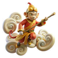 elegant creative Sun Wukong, the Monkey King, wielding his staff, surrounded by swirling clouds, Chinese painting style, vibrant colors, genuine png