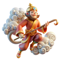 stunning minimalist Sun Wukong, the Monkey King, wielding his staff, surrounded by swirling clouds, Chinese painting style, vibrant colors, high resolution png