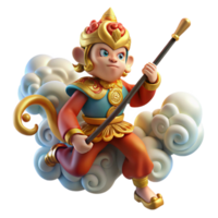 serene traditional Sun Wukong, the Monkey King, wielding his staff, surrounded by swirling clouds, Chinese painting style, vibrant colors, professional png