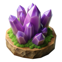 extraordinary modern A cluster of amethyst crystals growing on a mossy log, soft diffuse lighting, macro photography, ethereal, fantasy premium png