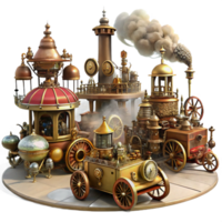 serene creative A bustling steampunk marketplace, filled with brass and copper automatons, intricate gadgets, and cogwheel driven vehicles, under a hazy, smog filled sky genuine png
