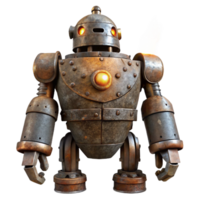 stunning rustic A colossal steampunk robot, towering over a desolate landscape, rusty and weathered, illuminated by a flickering, orange, industrial flame professional png