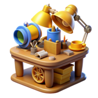 vibrant creative A cluttered steampunk desk, overflowing with blueprints, gears, tools, and gadgets, lit by a warm, yellow desk lamp original png