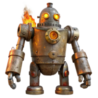 stunning abstract A colossal steampunk robot, towering over a desolate landscape, rusty and weathered, illuminated by a flickering, orange, industrial flame genuine png