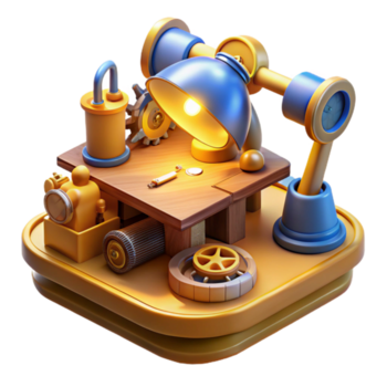 mooi rustiek een rommelig steampunk bureau, overlopend met blauwdrukken, versnellingen, hulpmiddelen, en gadgets, lit door een warm, geel bureau lamp authentiek png