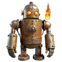 elegant contemporary A colossal steampunk robot, towering over a desolate landscape, rusty and weathered, illuminated by a flickering, orange, industrial flame authentic png