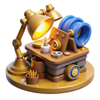 dramatic creative A cluttered steampunk desk, overflowing with blueprints, gears, tools, and gadgets, lit by a warm, yellow desk lamp authentic png
