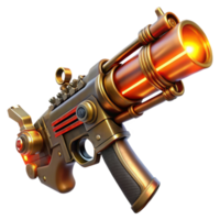vibrant modern A steampunk weapon, a rifle with intricate brass and copper details, glowing orange energy swirling within the barrel, illuminated by a dramatic, red light exclusive png