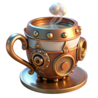 magnificent creative A steampunk teacup, delicate porcelain with brass and copper accents, steam rising, illuminated by a warm, afternoon sunlight high resolution png