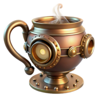 magnificent abstract A steampunk teacup, delicate porcelain with brass and copper accents, steam rising, illuminated by a warm, afternoon sunlight 4K png