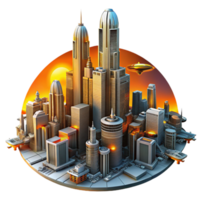serene abstract A towering, chrome metropolis, its skyscrapers piercing the clouds of a toxic orange sky, flying vehicles weaving between the buildings. Harsh, neon lighting. Cyberpunk style authentic png