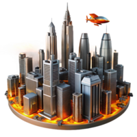 extraordinary artistic A towering, chrome metropolis, its skyscrapers piercing the clouds of a toxic orange sky, flying vehicles weaving between the buildings. Harsh, neon lighting.... png