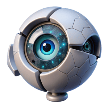 lugn abstrakt en enslig, robot öga stirrande ut från en knäckt skärm, visning komplex koda. kall, steril belysning. tekniskt fel konst stil hög upplösning png