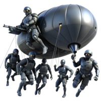 magnificent minimalist A group of futuristic soldiers, in sleek black armor, rappelling down from a hovering dropship. Dark, tactical lighting. Military sci fi style 4K png
