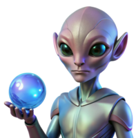 impressive rustic A beautiful, humanoid alien with iridescent skin and large, expressive eyes, holding a glowing orb. Soft, magical lighting. Fantasy sci fi style professional png