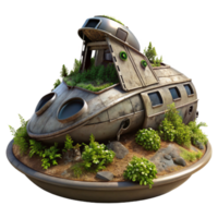 dramatic modern A decaying, abandoned spaceship, overgrown with alien vegetation, resting on a desolate planet. Dim, melancholic lighting. Post apocalyptic style authentic png