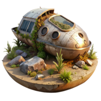 serene classic A decaying, abandoned spaceship, overgrown with alien vegetation, resting on a desolate planet. Dim, melancholic lighting. Post apocalyptic style authentic png