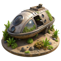 impressive contemporary A decaying, abandoned spaceship, overgrown with alien vegetation, resting on a desolate planet. Dim, melancholic lighting. Post apocalyptic style premium png