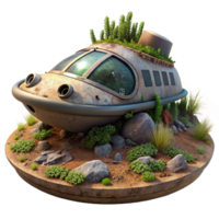 vibrant minimalist A decaying, abandoned spaceship, overgrown with alien vegetation, resting on a desolate planet. Dim, melancholic lighting. Post apocalyptic style authentic png