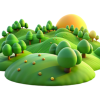 elegant modern A panoramic view of a rolling hills landscape with vibrant green grass and scattered trees, illuminated by golden sunlight. Photorealistic, landscape photography 4K png
