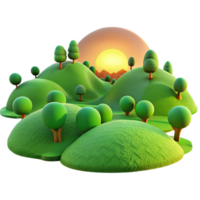 elegant artistic A panoramic view of a rolling hills landscape with vibrant green grass and scattered trees, illuminated by golden sunlight. Photorealistic, landscape photography detailed png