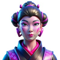 serene artistic Portrait of a cyberpunk geisha with vibrant pink and blue neon reflections on her face, intricate robotic accessories, and a melancholic expression, sharp focus, cinematic lighting... png