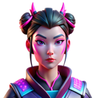 wonderful abstract Portrait of a cyberpunk geisha with vibrant pink and blue neon reflections on her face, intricate robotic accessories, and a melancholic expression, sharp focus, cinematic... png