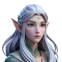 impressive classic Portrait of a beautiful elf with long, flowing silver hair, pointed ears, and a serene expression, ethereal lighting, fantasy art style high resolution png