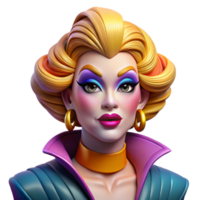 serene vintage Portrait of a glamorous drag queen with extravagant makeup, a flamboyant pose, and a confident expression, vibrant and colorful lighting, pop art style detailed png