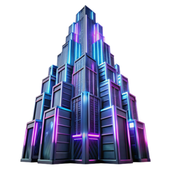 impressive rustic A towering Art Deco skyscraper made entirely of interconnected circuit boards, pulsating with neon pink and electric blue light, viewed from a low angle. Cyberpunk style authentic png