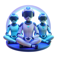 dramatic artistic A group of humanoid robots meditating in a lotus position within a virtual reality environment, bathed in soft, ambient blue light. Digital art style premium png