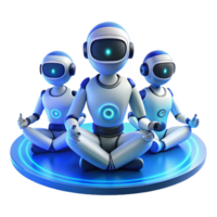 vibrant creative A group of humanoid robots meditating in a lotus position within a virtual reality environment, bathed in soft, ambient blue light. Digital art style original png