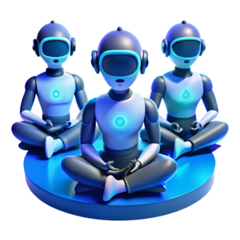 degno di nota rustico un' gruppo di umanoide robot Meditare nel un' loto posizione entro un' virtuale la realtà ambiente, bagnata nel morbido, ambientale blu luce. digitale arte stile alto risoluzione png