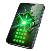elegant contemporary A cracked smartphone screen displaying a cryptic message in glowing green binary code, illuminated by the eerie glow of the screen itself. Dark, gritty style original png