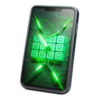 vibrant traditional A cracked smartphone screen displaying a cryptic message in glowing green binary code, illuminated by the eerie glow of the screen itself. Dark, gritty style 4K png