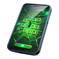 vibrant creative A cracked smartphone screen displaying a cryptic message in glowing green binary code, illuminated by the eerie glow of the screen itself. Dark, gritty style high quality png