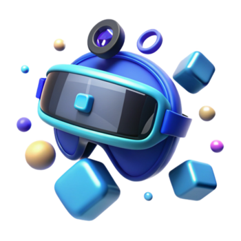 magnifico tradizionale un' virtuale la realtà cuffia, galleggiante nel zero gravità e emitting un' morbido, pulsante blu luce, circondato di galleggiante icone e dati flussi. digitale arte stile originale png