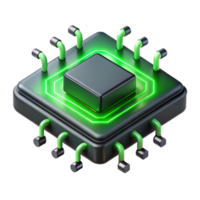 wonderful contemporary A single microchip floating in a dark void, glowing circuitry lines pulse with neon green light, close up, abstract and ethereal style professional png
