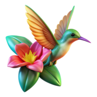 dramatic traditional A hummingbird hovering near a vibrant tropical flower, lit by warm, diffused sunlight, nature photography style authentic png