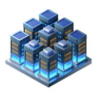 serene traditional A massive server farm, endless rows of blinking lights stretching into the darkness, lit by the server LEDs, isometric style high resolution png