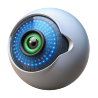 dramatic rustic A close up of a robotic eye, its iris a complex camera lens, reflecting a binary code, lit by a single light source high quality png