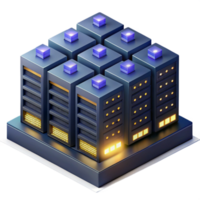 dramatic modern A massive server farm, endless rows of blinking lights stretching into the darkness, lit by the server LEDs, isometric style 4K png