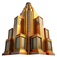 vibrant creative Art Deco skyscraper, intricate geometric facade, chrome accents, bathed in golden sunset light, highly polished, ray tracing, 4K png