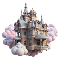 impressive vintage A floating Victorian mansion, intricate ironwork balconies, surrounded by fluffy clouds, soft pastel colors, dreamlike, digital art, exclusive png