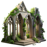 magnificent creative A crumbling gothic cathedral overgrown with vines, dappled sunlight filtering through broken stained glass, ethereal, painterly style, genuine png